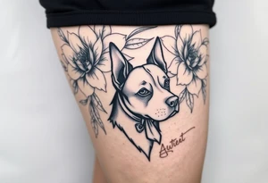 Floral design with peonies with an silhouette outline of a dogs face tattoo idea
