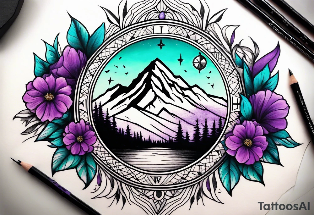 Half Sleeve tattoo: 
mountain in front of a compass rose 
with purple and teal sky, and purple and teal flowers in the foreground. Phoenix in the center tattoo idea