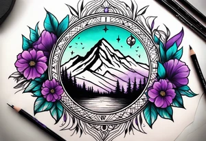 Half Sleeve tattoo: 
mountain in front of a compass rose 
with purple and teal sky, and purple and teal flowers in the foreground. Phoenix in the center tattoo idea