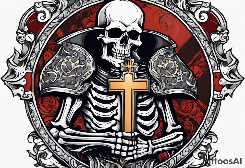 skeleton holding a shield with a cross on it tattoo idea