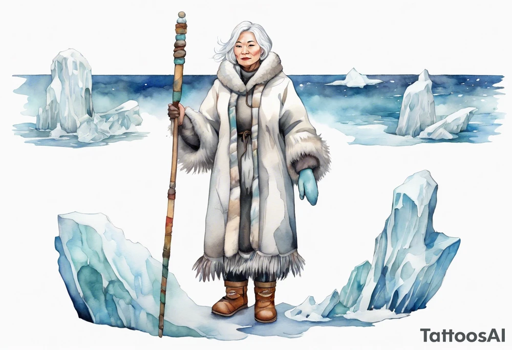 a middle aged Inuit woman with white hair, wearing mittens, mukluks, and a white cloak. Holding a white staff. Standing on an iceberg in the sea tattoo idea