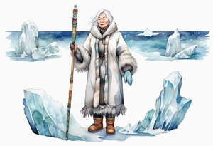 a middle aged Inuit woman with white hair, wearing mittens, mukluks, and a white cloak. Holding a white staff. Standing on an iceberg in the sea tattoo idea