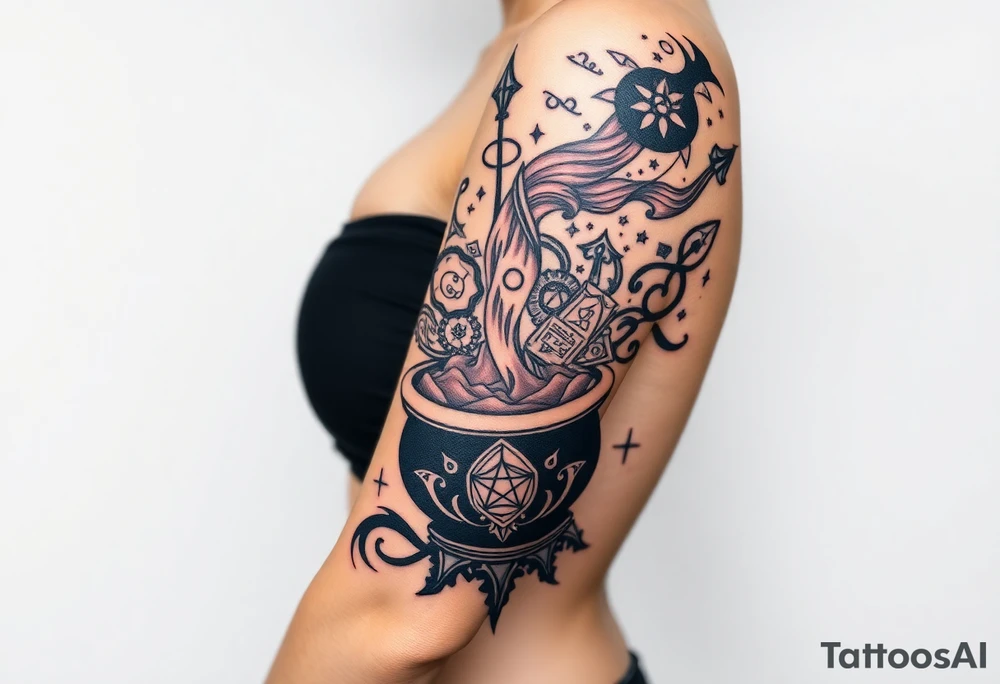 Milky way filled with zodiac symbols runes tarot cards coming out of a cauldron tattoo idea