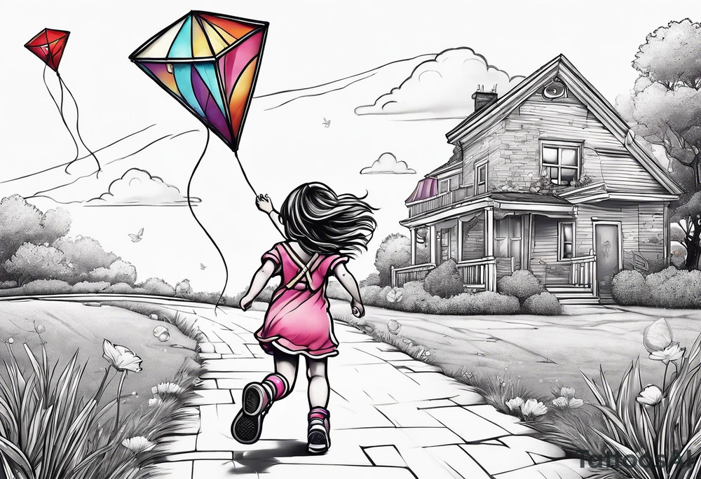 the back of a little girl running away holding a kite with a roller skating teddy bear behind her tattoo idea