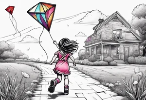 the back of a little girl running away holding a kite with a roller skating teddy bear behind her tattoo idea