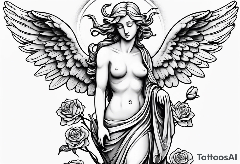 Simple Angel statue stood on a rock with daffodils and roses wrapped around its legs tattoo idea
