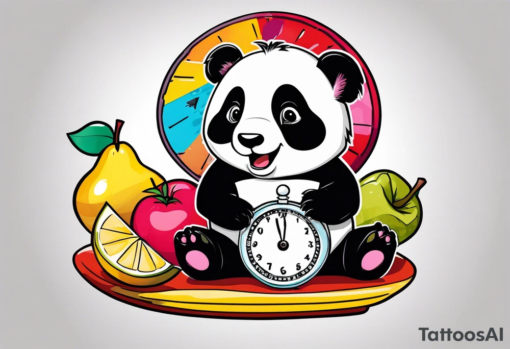 Baby panda in a fruit scale displaying 7.11 lbs and a digital clock showing 1:17 tattoo idea
