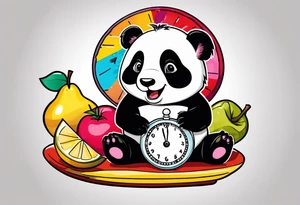 Baby panda in a fruit scale displaying 7.11 lbs and a digital clock showing 1:17 tattoo idea