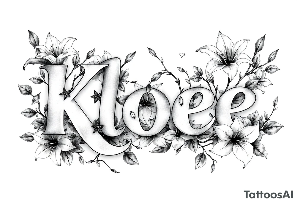 The word Kloee surrounded by lilies with the vines in letters tattoo idea