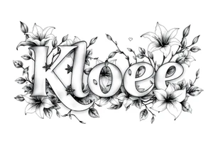 The word Kloee surrounded by lilies with the vines in letters tattoo idea