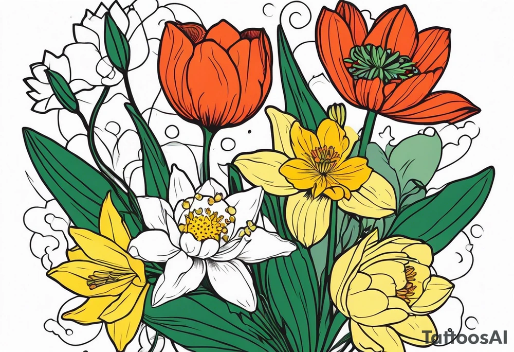 Poppy, water lily, Lily of the valley, daffodil, cosmo flower bouquet, portrait style tattoo idea