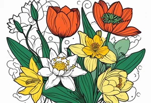 Poppy, water lily, Lily of the valley, daffodil, cosmo flower bouquet, portrait style tattoo idea