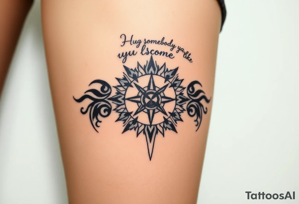 Three dimensional sundial casting shadow with handwriting “Hug somebody ya like” above. tattoo idea
