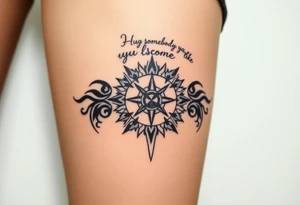 Three dimensional sundial casting shadow with handwriting “Hug somebody ya like” above. tattoo idea
