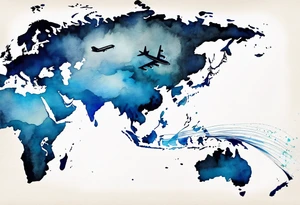 Map with tiny jet plane showing intercontinental flight path. Watercolor with spilled watercolor look abstract tattoo idea