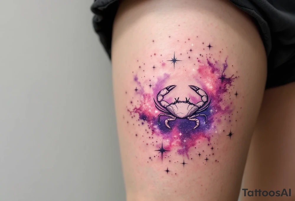 A pale crab silhouette floats within an ethereal pink and violet galaxy containing the Cancer stars. tattoo idea