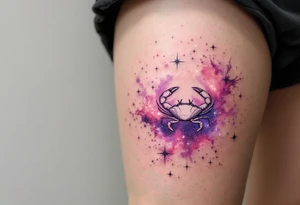 A pale crab silhouette floats within an ethereal pink and violet galaxy containing the Cancer stars. tattoo idea
