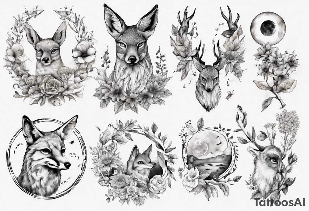 wasser, sonne, mond, fuchs, eule kolibri, wald, hirsch, blume des lebens, 
baum, berlin tattoo idea