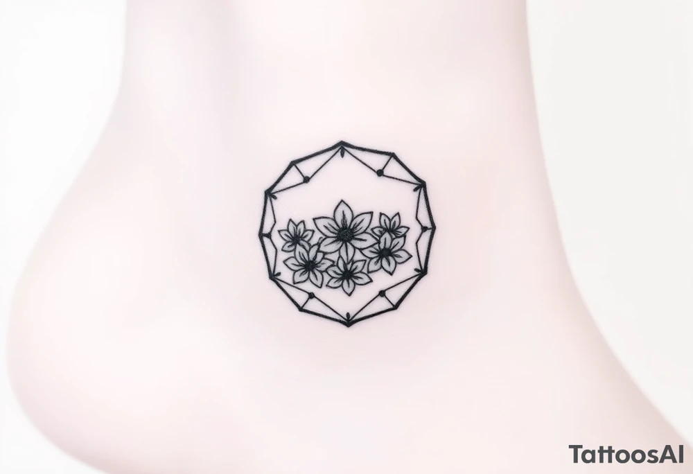 Hexagon with a constellation sign for Leo, larkspur and water lilies in the center tattoo idea