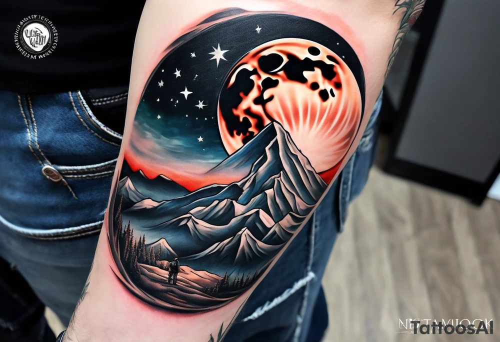 Mountain to moon inspired arm sleeve with a man sitting alone on the moon tattoo idea