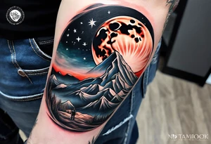 Mountain to moon inspired arm sleeve with a man sitting alone on the moon tattoo idea