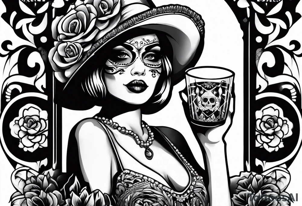 Flapper with sugar skull make up sipping a drink tattoo idea
