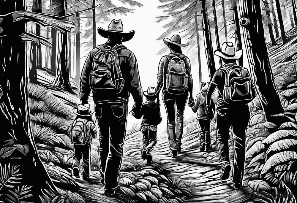 A man in cowboy hat with his family hiking through the Forrest. Add Mexican American tone tattoo idea