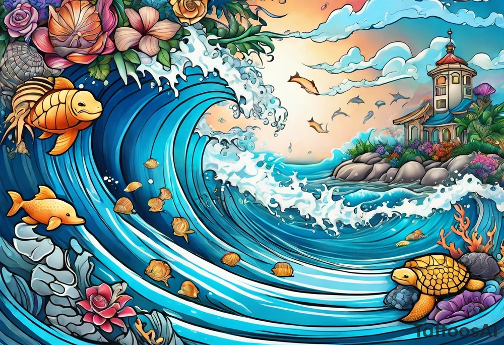 Arm sleeve with dolphins sea shells flowers and sea turtles intertwined in ocean waves tattoo idea
