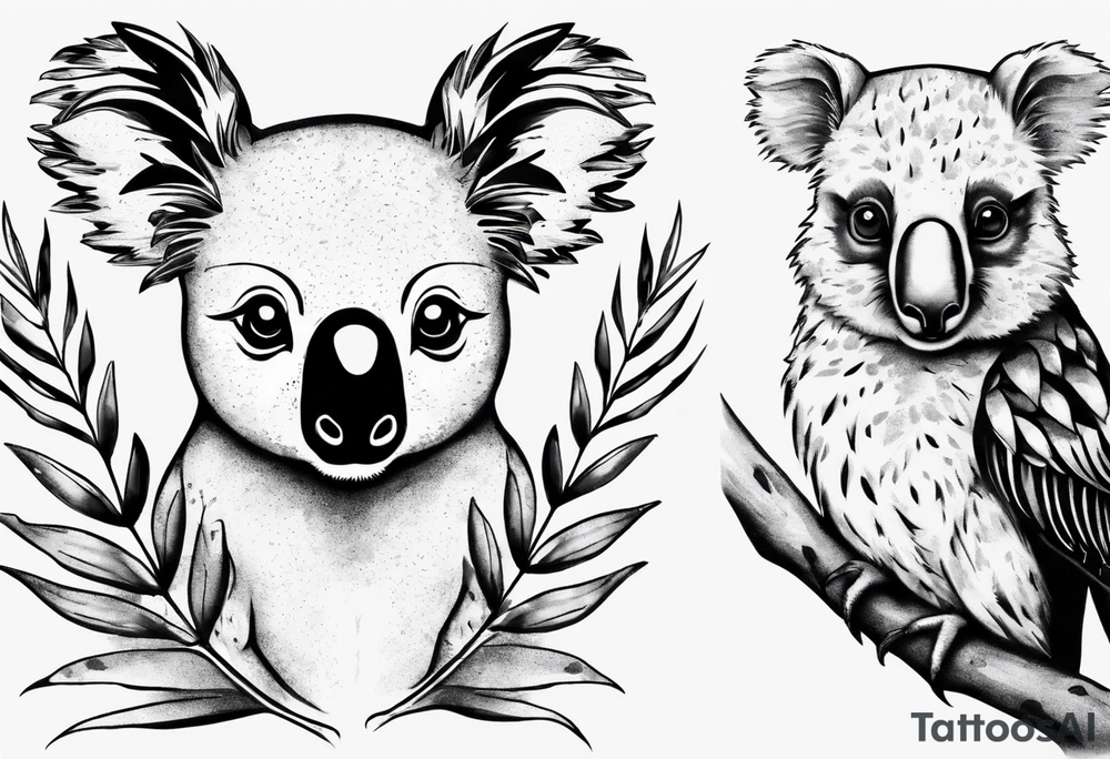 a koala and kookaburra both sitting on wattle and eucalyptus leaves tattoo idea