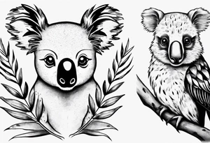 a koala and kookaburra both sitting on wattle and eucalyptus leaves tattoo idea