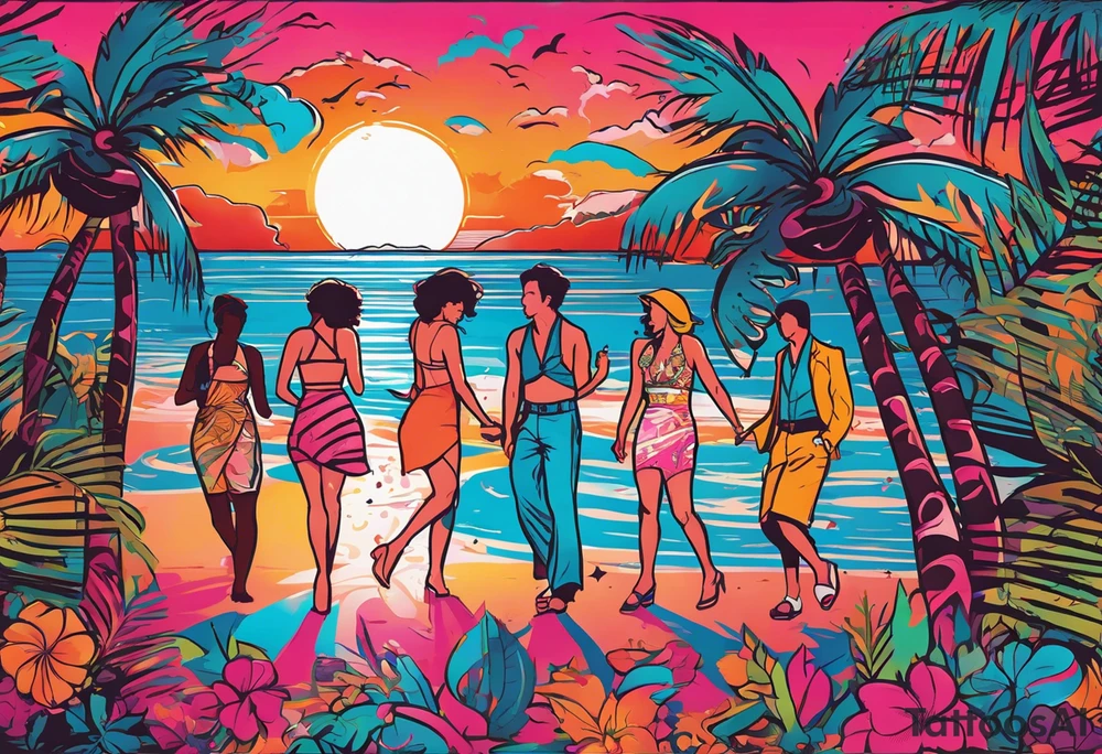 1980's miami vice style beach dance 
party, include confetti, music notes, boom box, bikinis sunset in the center tattoo idea