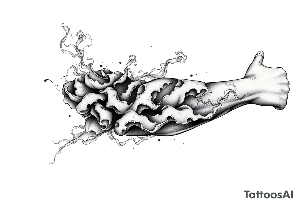Tattoo sleeve filler using smoke, ash, and fragmented memory effects, organic flow wrapping around arm muscles, soft gradients, negative space, black and grey realism, seamless transitions between main tattoo elements. tattoo idea