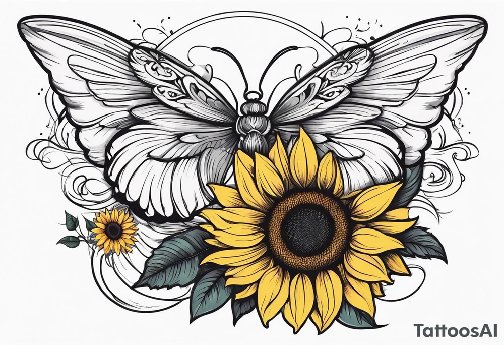 Sleeve with angel wings, sunflower and butterfly tattoo idea