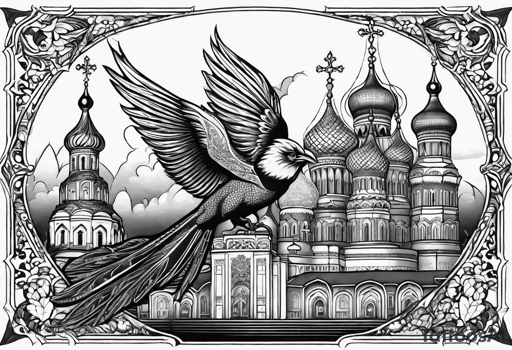 russian firebird in-flight with long fancy tail and 3 small onion cap monastery towers in background, with "Isaiah 43: 18-19" tattoo idea