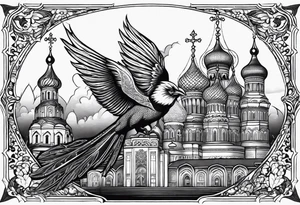 russian firebird in-flight with long fancy tail and 3 small onion cap monastery towers in background, with "Isaiah 43: 18-19" tattoo idea