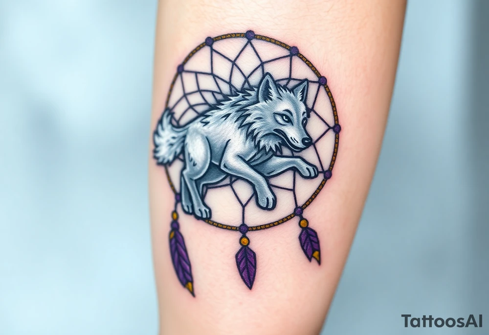 A wolf running through a dreamcatcher, with dreamcatcher threads trailing behind it, giving a sense of movement. The wolf is painted in silver and white, and the threads are in golden yellow and purple. tattoo idea