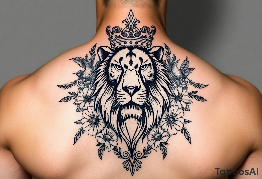 powerful majestic lion with a crown, surrounded by floral ornaments and birds tattoo idea