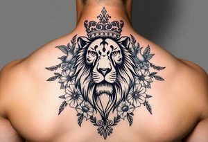 powerful majestic lion with a crown, surrounded by floral ornaments and birds tattoo idea