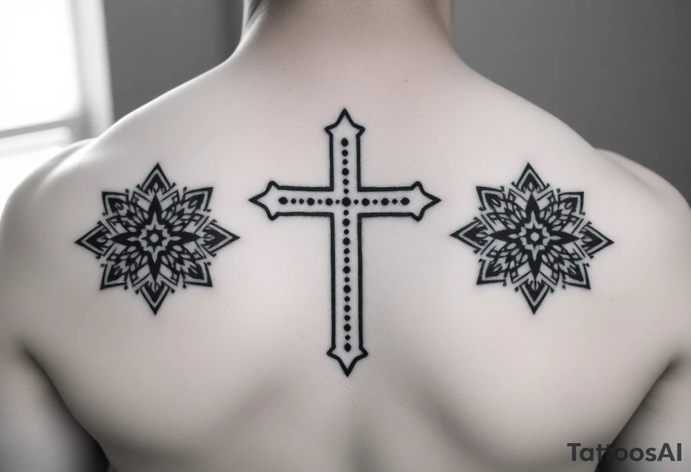 christian cross, surrounded by geometrics ornaments tattoo idea
