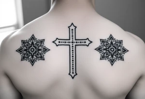 christian cross, surrounded by geometrics ornaments tattoo idea