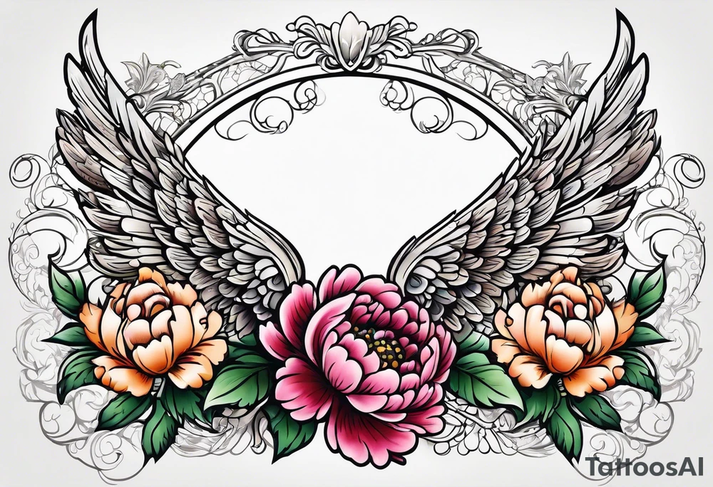 beautiful angel wings with colorful, peonies. beautiful flilligree in the background , full color, traditional old school , white background tattoo idea
