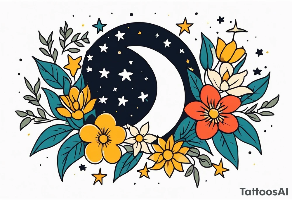 stars and moon

old school vintage simple traditional design with vintage flowers surrounding it bold color simple tattoo idea