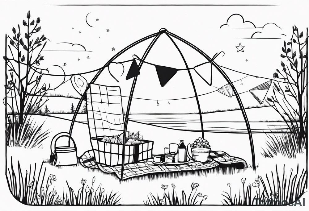 Very light and minimalstic picnic scene in nature. A blanket, picnic-basket with lid, pillows and pennants. Thin lines. tattoo idea