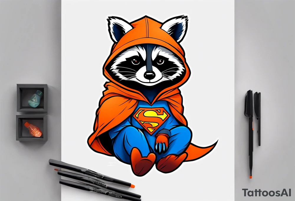 Raccoon wearing an orange Superman hoodie tattoo idea