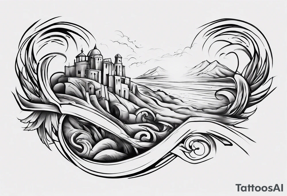 Horizontal inner bicep tattoo. “walk by faith, not by sight” stairwell wrapping around the quote. This design captures the essence of the journey guided by faith. tattoo idea