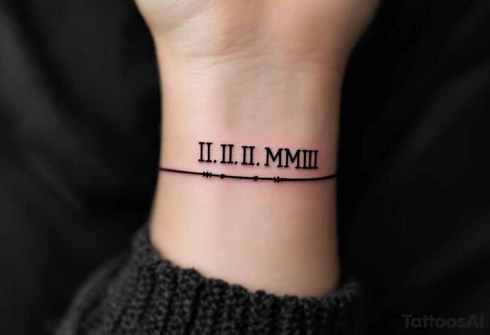 III.III.MMIII in black and crimson ink wrapped around the wrist like a bracelet, symbolizing triplets’ birthday. tattoo idea