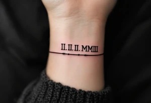 III.III.MMIII in black and crimson ink wrapped around the wrist like a bracelet, symbolizing triplets’ birthday. tattoo idea