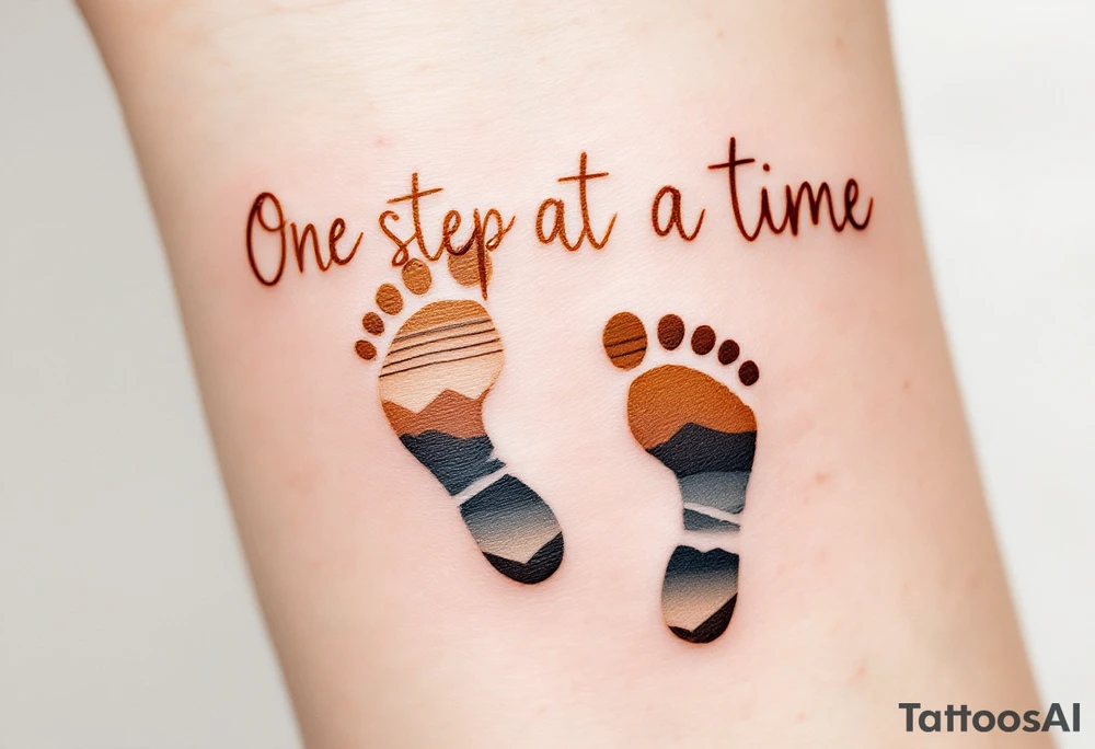 “One step at a time” in warm brown handwritten font with footprint silhouettes fading in earthy tones. tattoo idea
