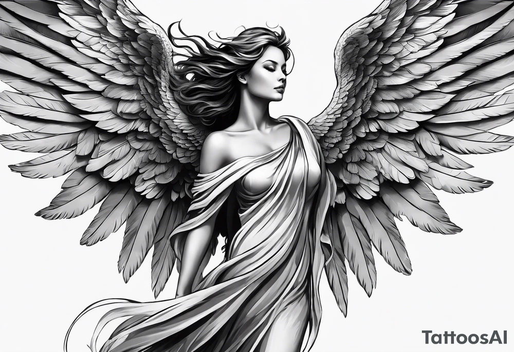 angel woman with big wings, full body, flying on the sky, looking right side , we  can see right profile tattoo idea