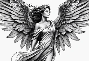 angel woman with big wings, full body, flying on the sky, looking right side , we  can see right profile tattoo idea